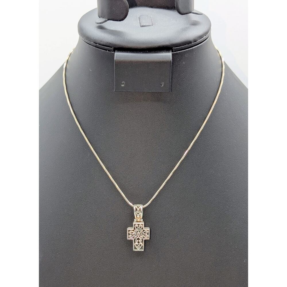 925 Sterling Silver Chunky Filigree Articulated Cross Pendant Chain 16" Necklace